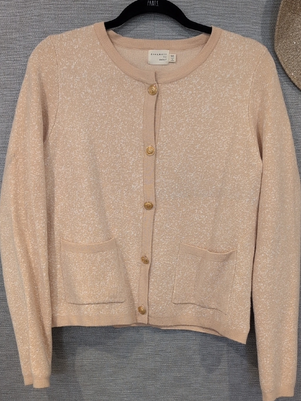 Blush Speckled Crewneck Cardigan with Gold Buttons